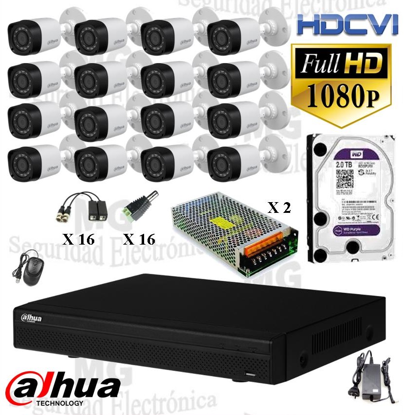 DVR, disco 2 TB, 16 cámaras bullet, balunes, fuente centralizada y conectores.